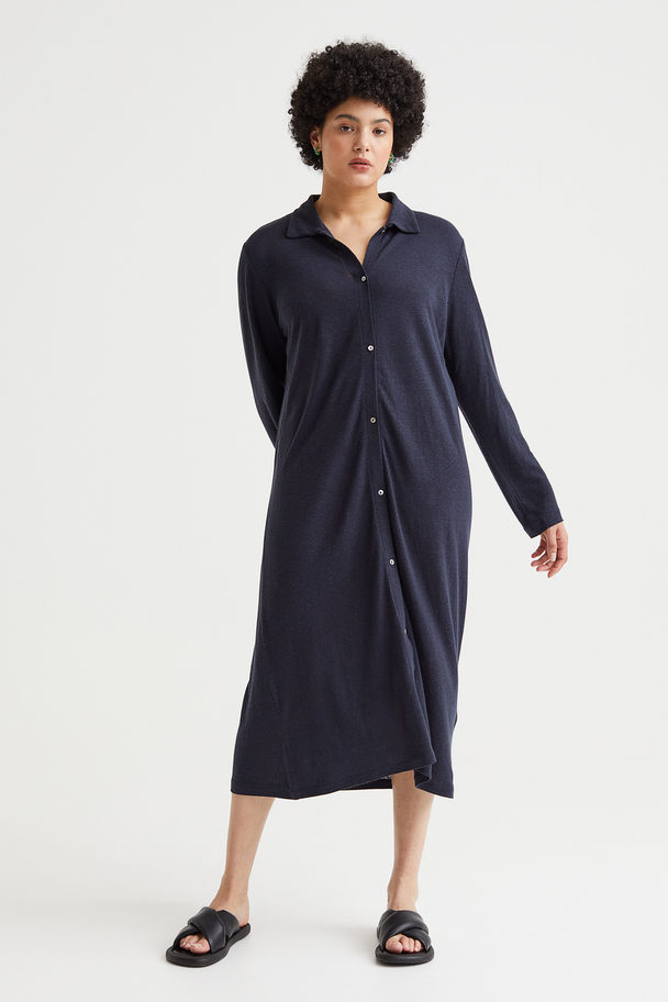 H&M Linen-blend Shirt Dress Dark Blue