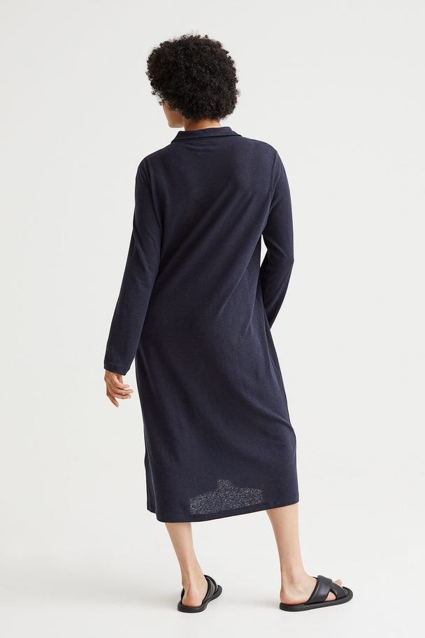 H&M Linen-blend Shirt Dress Dark Blue