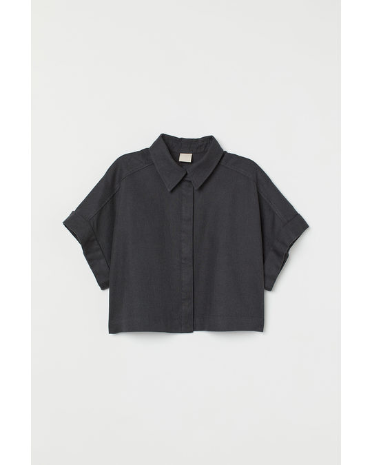 H&M Cropped Linen-blend Shirt Dark Grey