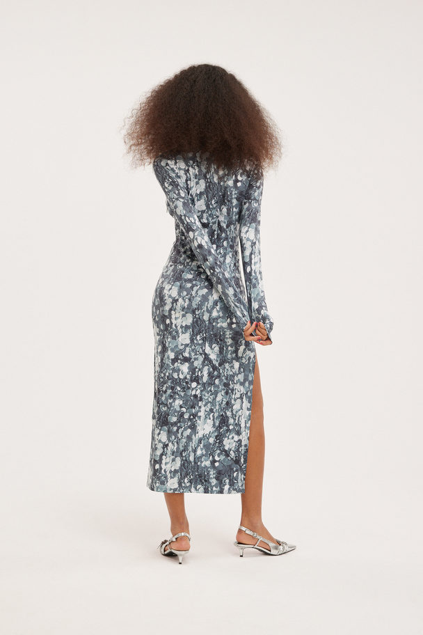 Monki Long Sleeve Trompe L'oeil Maxi Dress Silver Sequin Print