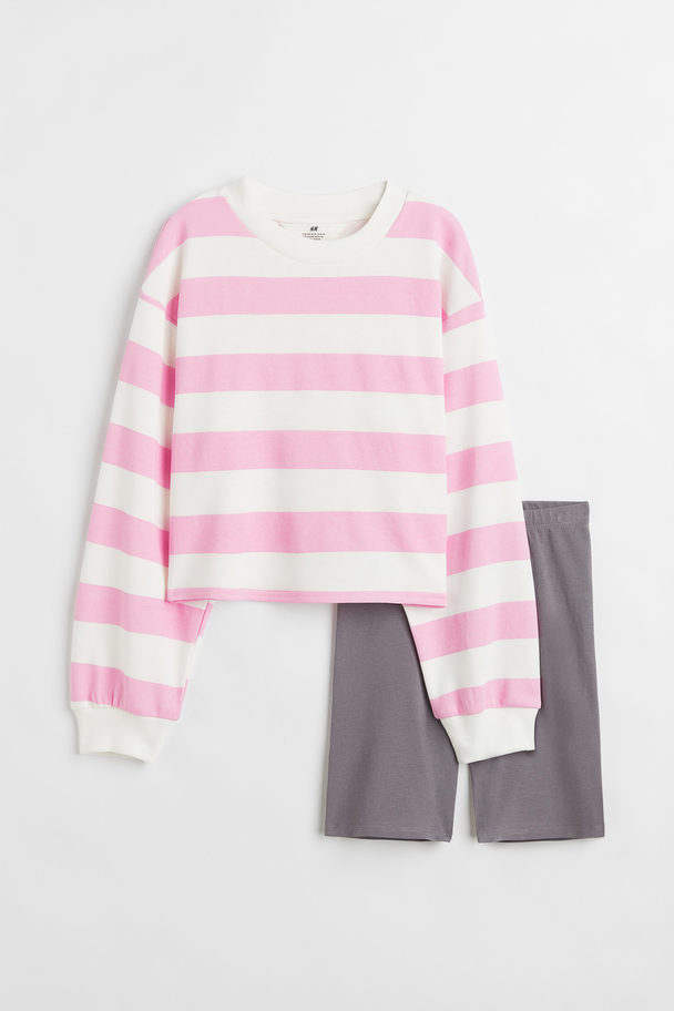 H&M 2-piece Sweatshirt And Cycling Shorts Set Light Pink/white Striped