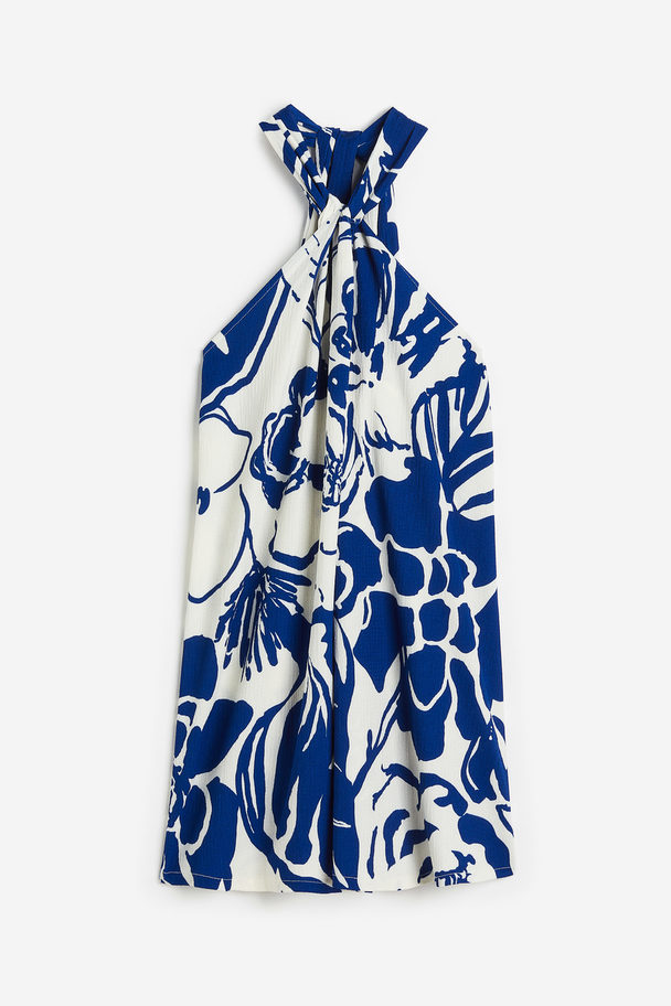 H&M Neckholder-Kleid in A-Linie Weiß/Blau gemustert