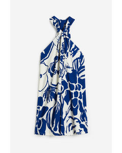 A-lineskåret Halterneck-kjole Hvit/blå Mønstret