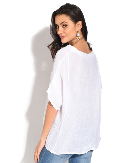 Le Jardin du Lin Women Semi-transparent Top With V-neck And English Lace