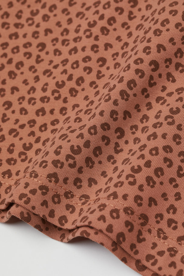 H&M Printed Jersey Top Dark Beige-pink/leopard Print