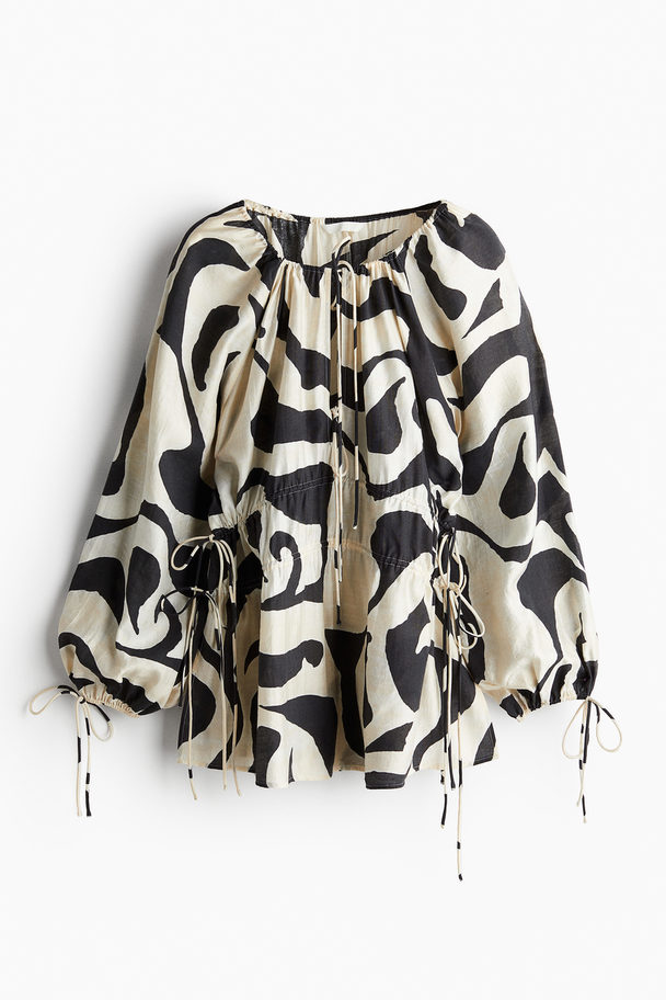 H&M Drawstring-detail Blouse Cream/black Patterned