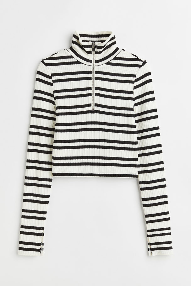 H&M Zip-top Rib-knit Top White/striped