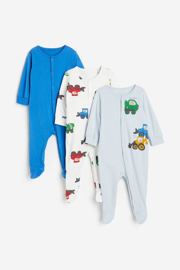 H&M 3-pack Pyjamasoverall I Bomull Lys Blå/kjøretøy