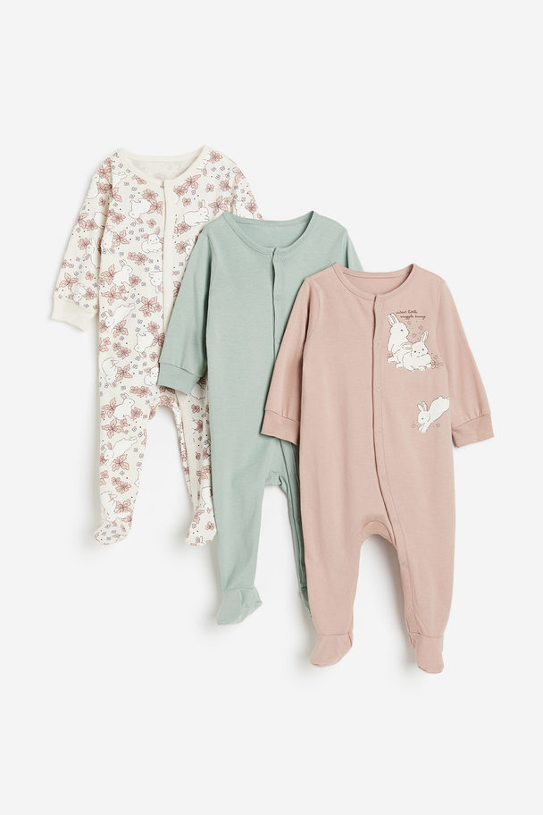 H&M 3-pack Cotton Sleepsuits Dusty Pink/bunnies