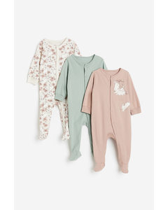 3-pack Cotton Sleepsuits Dusty Pink/bunnies