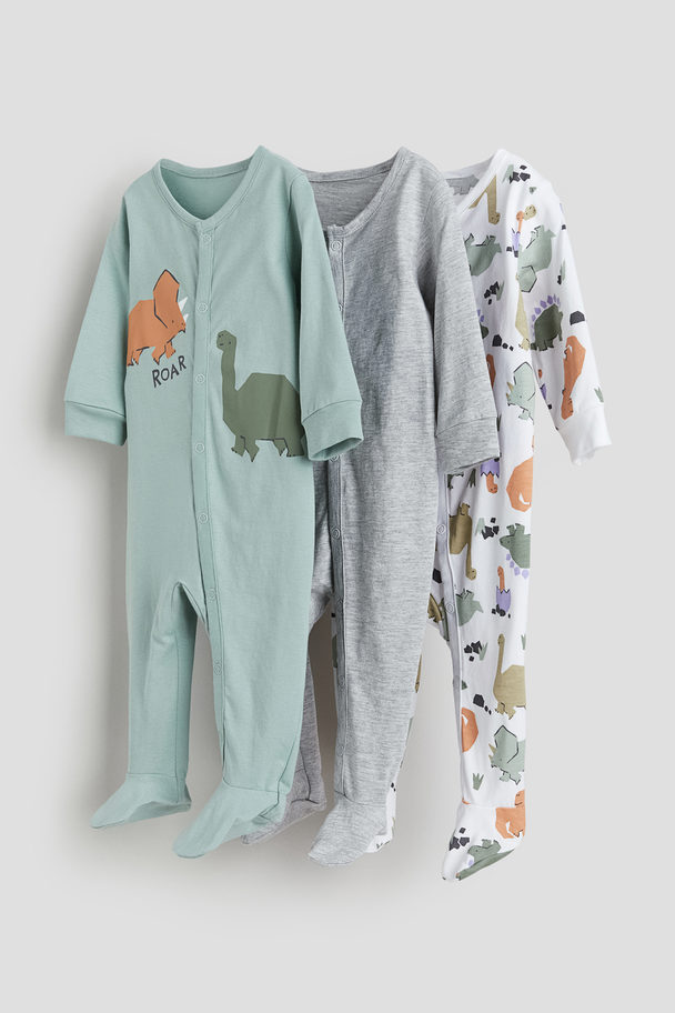 H&M 3-pack Pyjamasoverall I Bomull Lys Turkis/dinosaurer