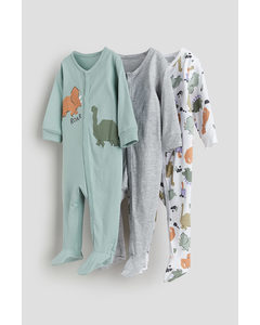 3-pack Pyjamasoverall I Bomull Lys Turkis/dinosaurer