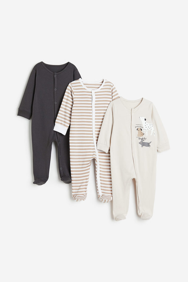 H&M 3-pack Cotton Sleepsuits Light Beige/dogs