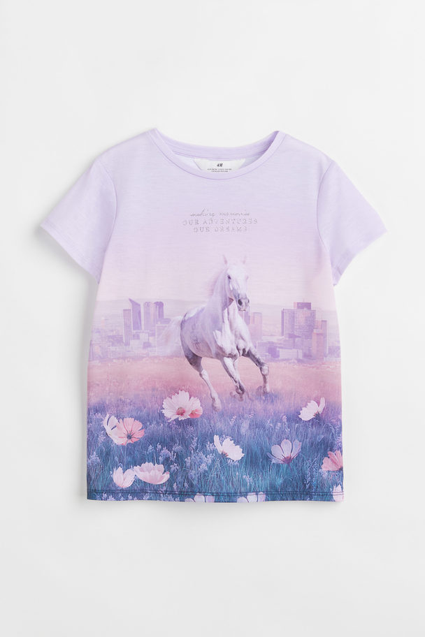 H&M T-Shirt mit Print Helllila/Pferd