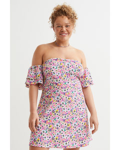 H&m+ Off-the-shoulder Flounce-sleeve Dress Cerise/floral