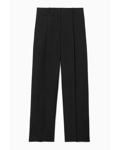 Wide-leg Pleated Linen-blend Trousers Black