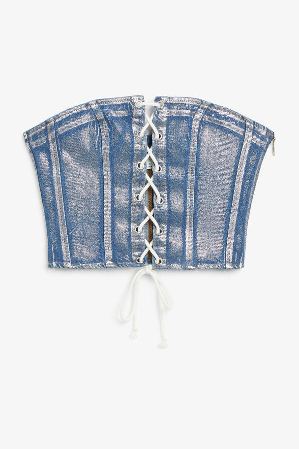 Monki Cropped Lace-up Denim Bandeau Top Blue With Silver Coating