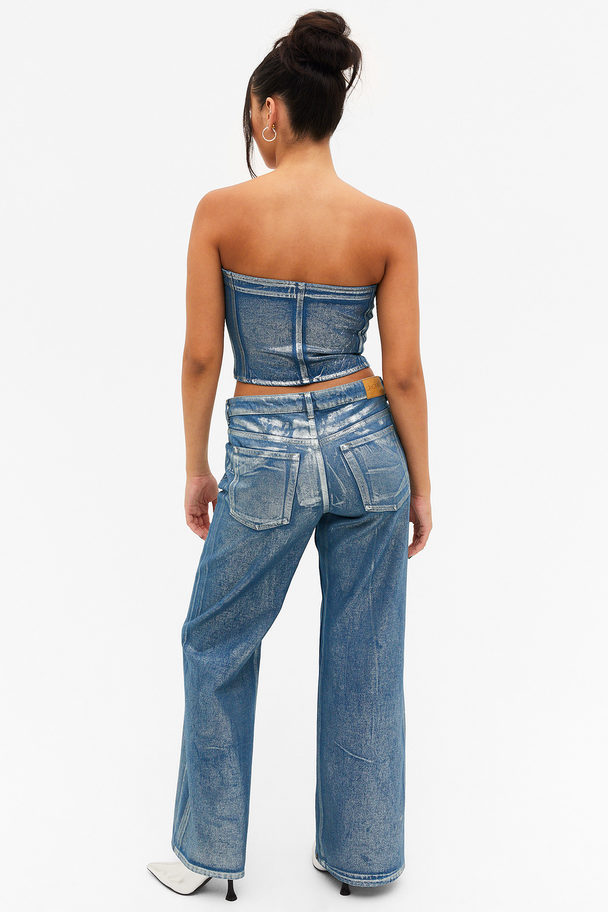 Monki Cropped Lace-up Denim Bandeau Top Blue With Silver Coating