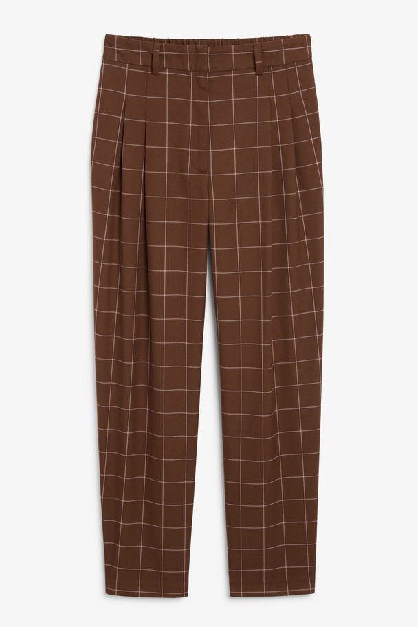 Monki High Waist Tapered Leg Grid Checked Brown Trousers Brown Checks