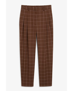 High Waist Tapered Leg Grid Checked Brown Trousers Brown Checks