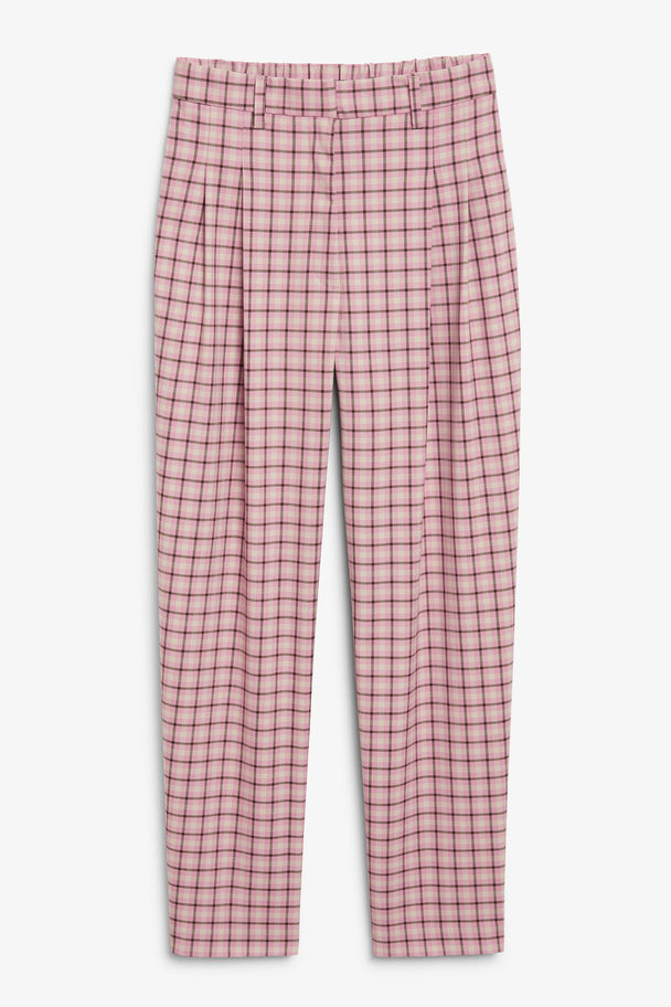 Monki Pink Checkered Tapered Leg Trousers Pink & Brown Checks