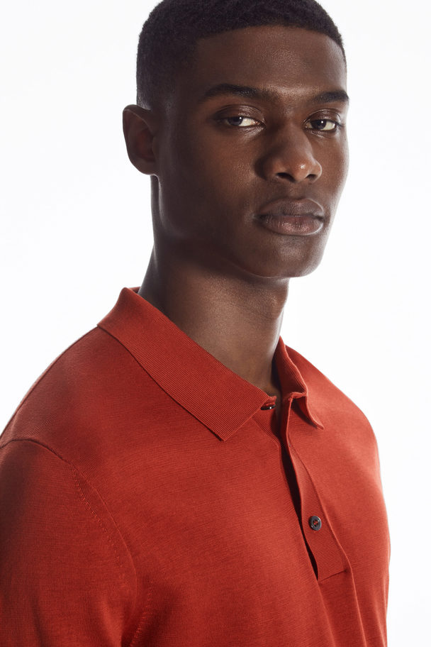 COS Knitted Silk Polo Shirt Rust Red