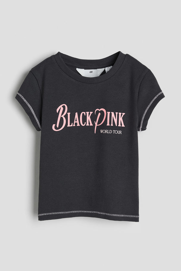 H&M Geribd T-shirt Donkergrijs/blackpink