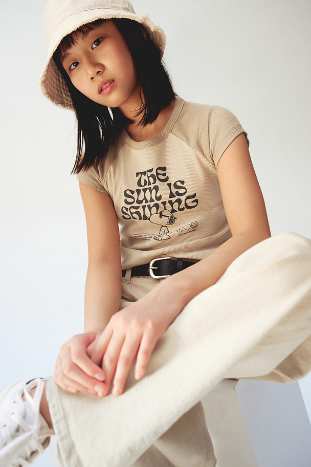 H&M Ribbet T-shirt Lys Beige/nuser