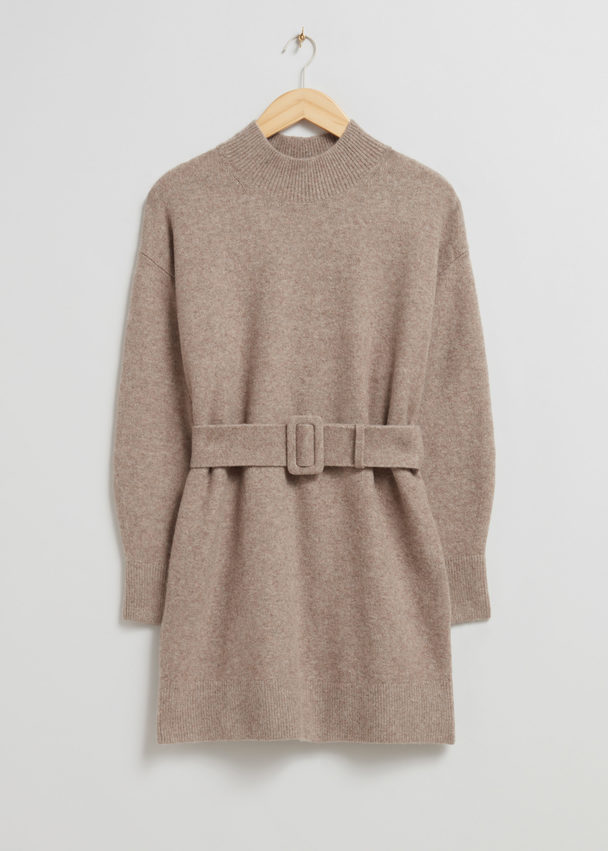 & Other Stories Belted Mini Knit Dress Beige