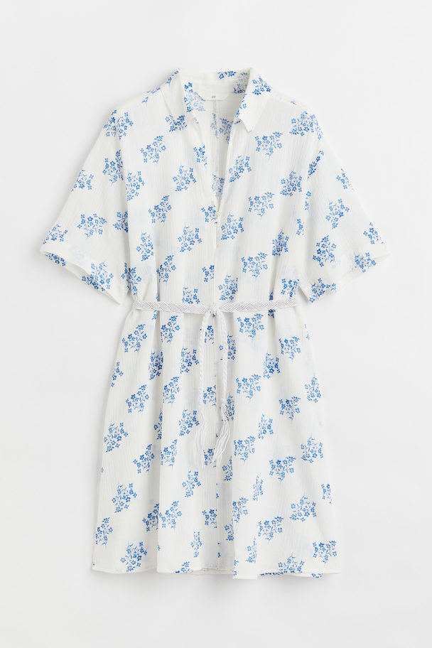 H&M Skjortekjole Med Bindebælte Hvid/småblomstret