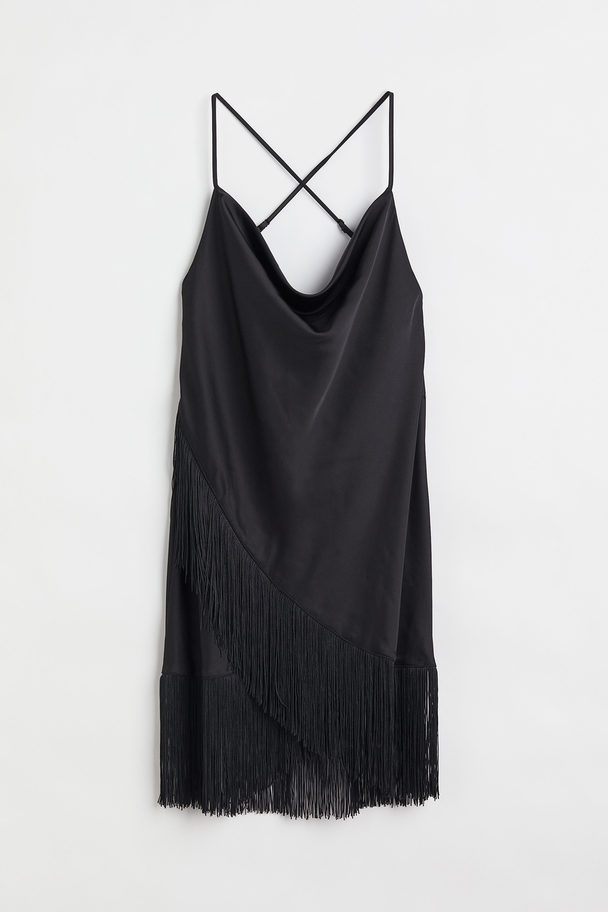 H&M Fringed Satin Dress Black