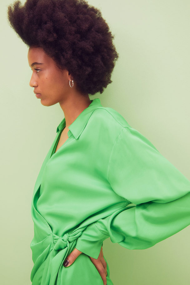 H&M Satin Wrapover Shirt Dress Bright Green