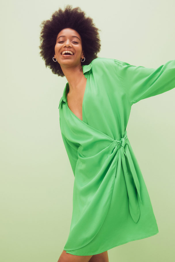 H&M Satin Wrapover Shirt Dress Bright Green