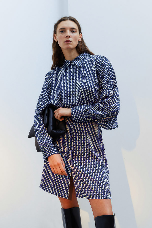H&M Skjortklänning I Satin Blå/mönstrad