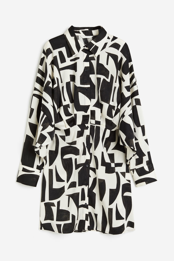 H&M Blusenkleid aus Satin Cremefarben/Schwarz gemustert