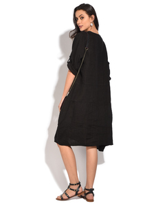 Fluid Mid-lenght Dress With Round Collar, Long Attachable Sleeves And Pockets