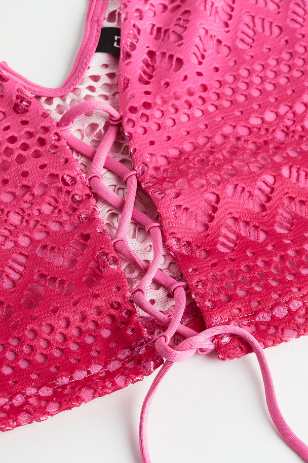 H&M Lacing-detail Hole-patterned Jersey Top Cerise/light Pink