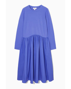 Long-sleeved Gathered Midi Dress Blue
