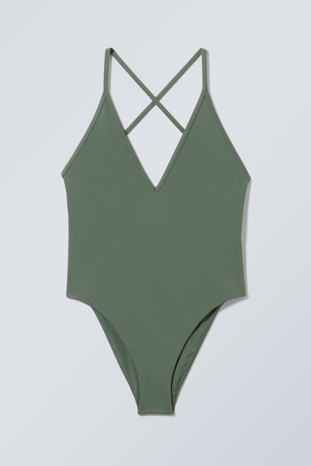 Weekday Deep V-neck Swimsuit Dimgrön