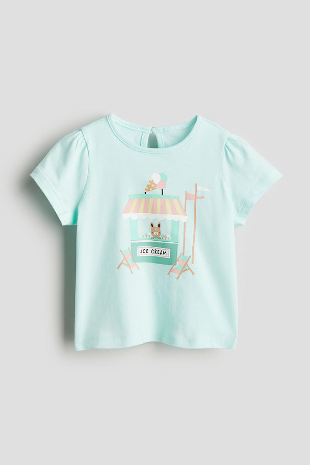 H&M Printed Jersey Top Light Turquoise/ice Cream