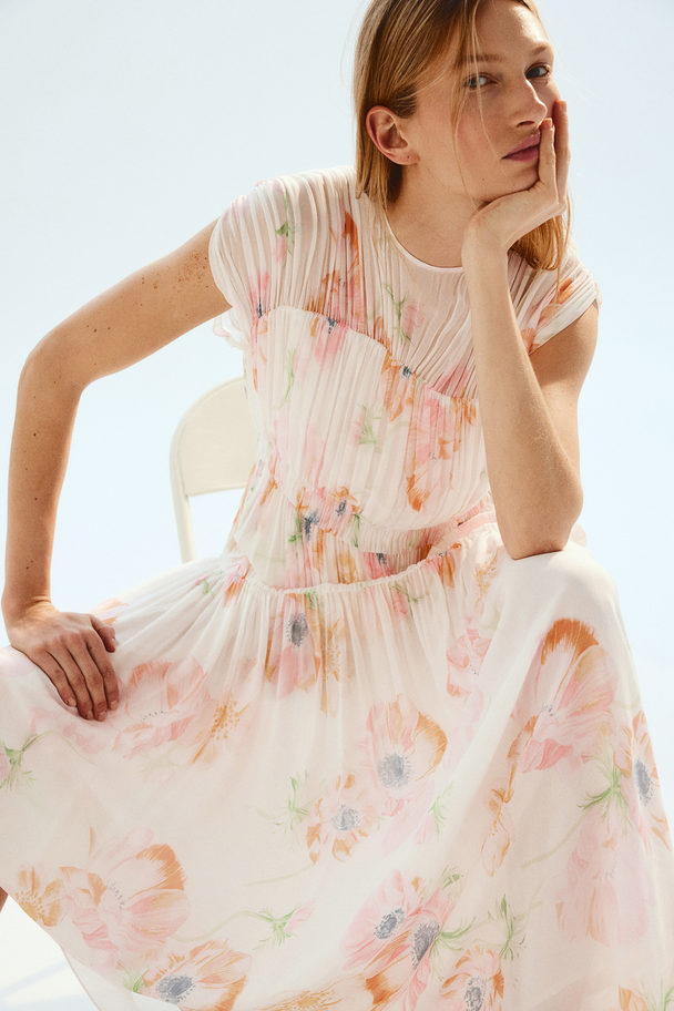 H&M Gathered Viscose Dress White/floral