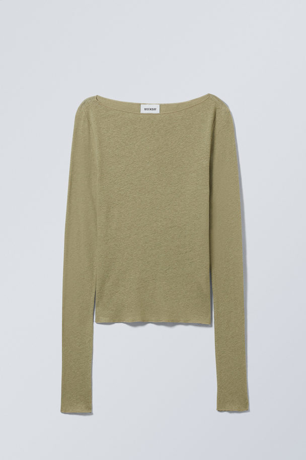 Weekday Linen Blend Long Sleeve Top Light Khaki Green