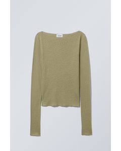 Linen Blend Long Sleeve Top Light Khaki Green