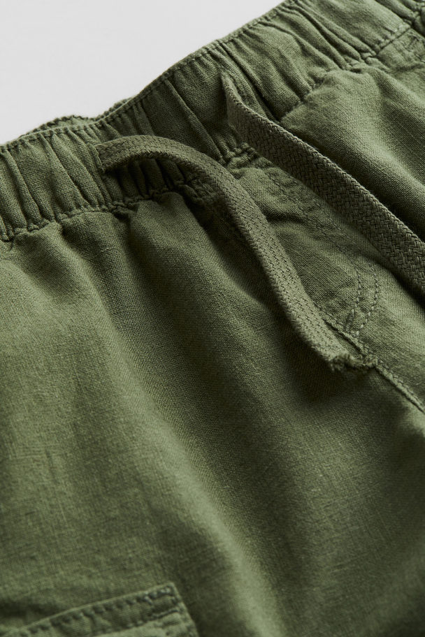 H&M Linen-blend Cargo Shorts Khaki Green