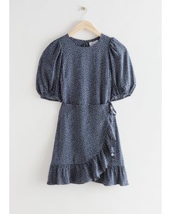 Ruffled Puff Sleeve Mini Dress Blue Print