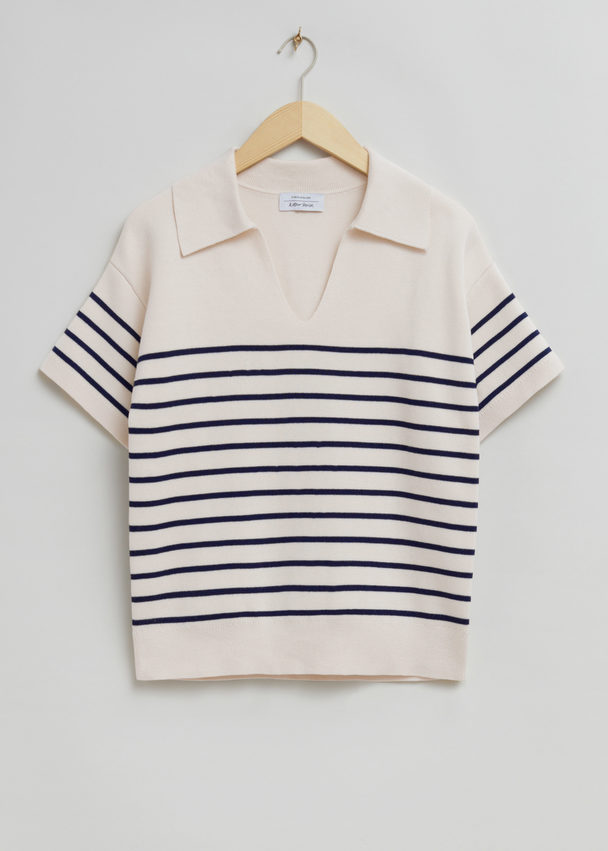 & Other Stories Open-collar Short Sleeve Sweater Cream/navy Blue Striped
