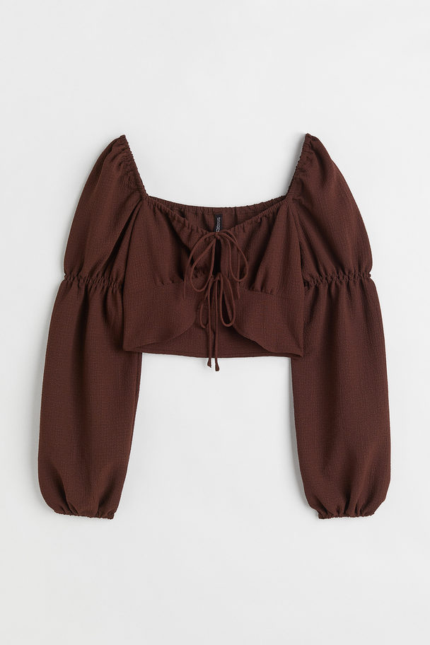 H&M Tie-front Long-sleeved Blouse Dark Brown