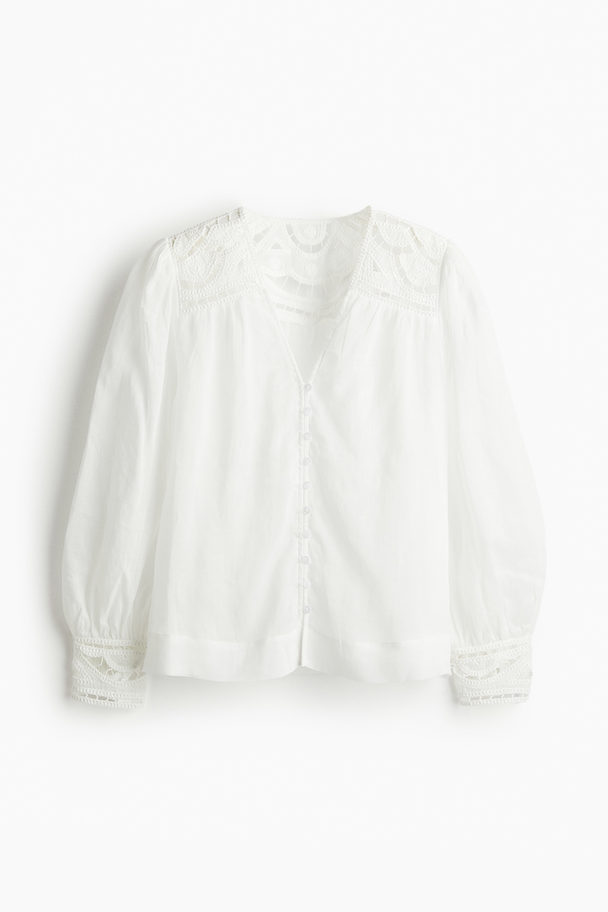 H&M Bestickte Bluse aus Ramie Weiß