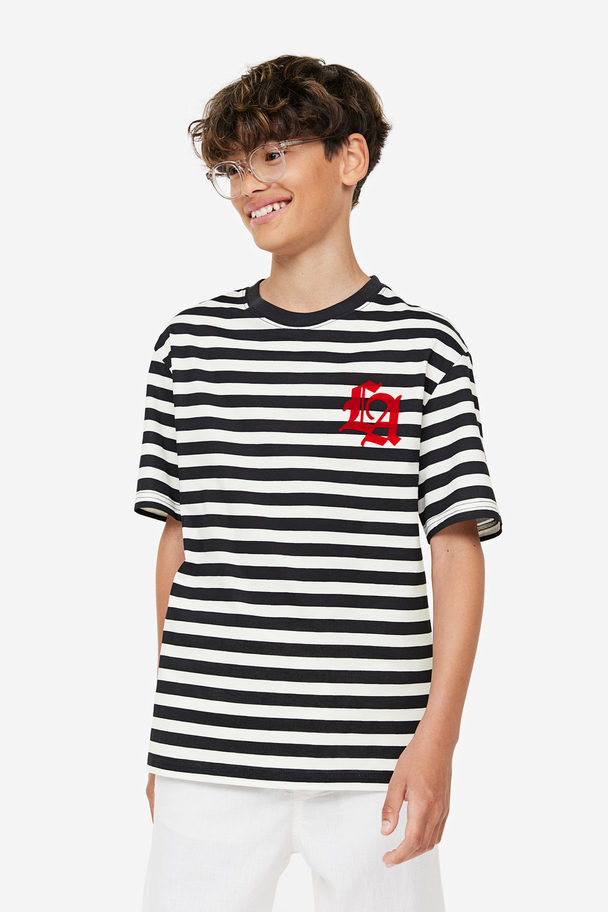 H&M Tricot T-shirt Met Print Zwart/gestreept