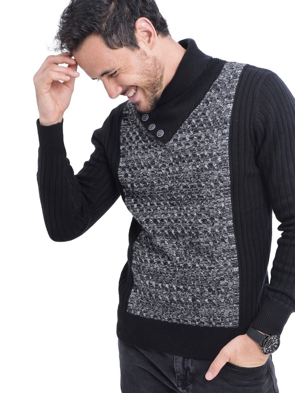 C&Jo Jacquard Shawl Collar Sweater With Buttons